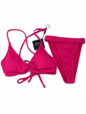 Zaful Fuchsia Ribbed Tie-Front Bikini Set